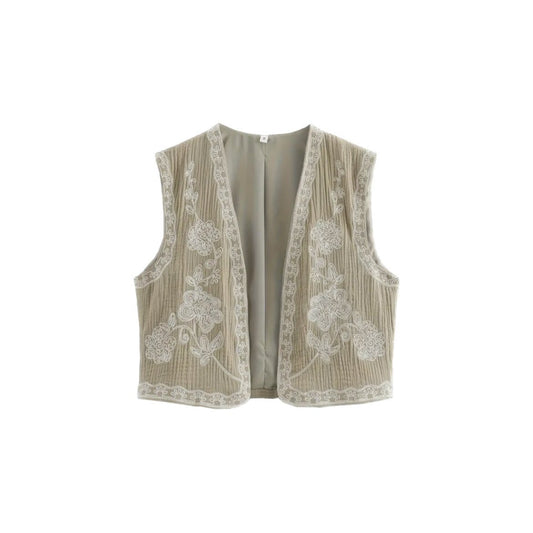 GILET SANS MANCHES BRODÉ - BEIGE