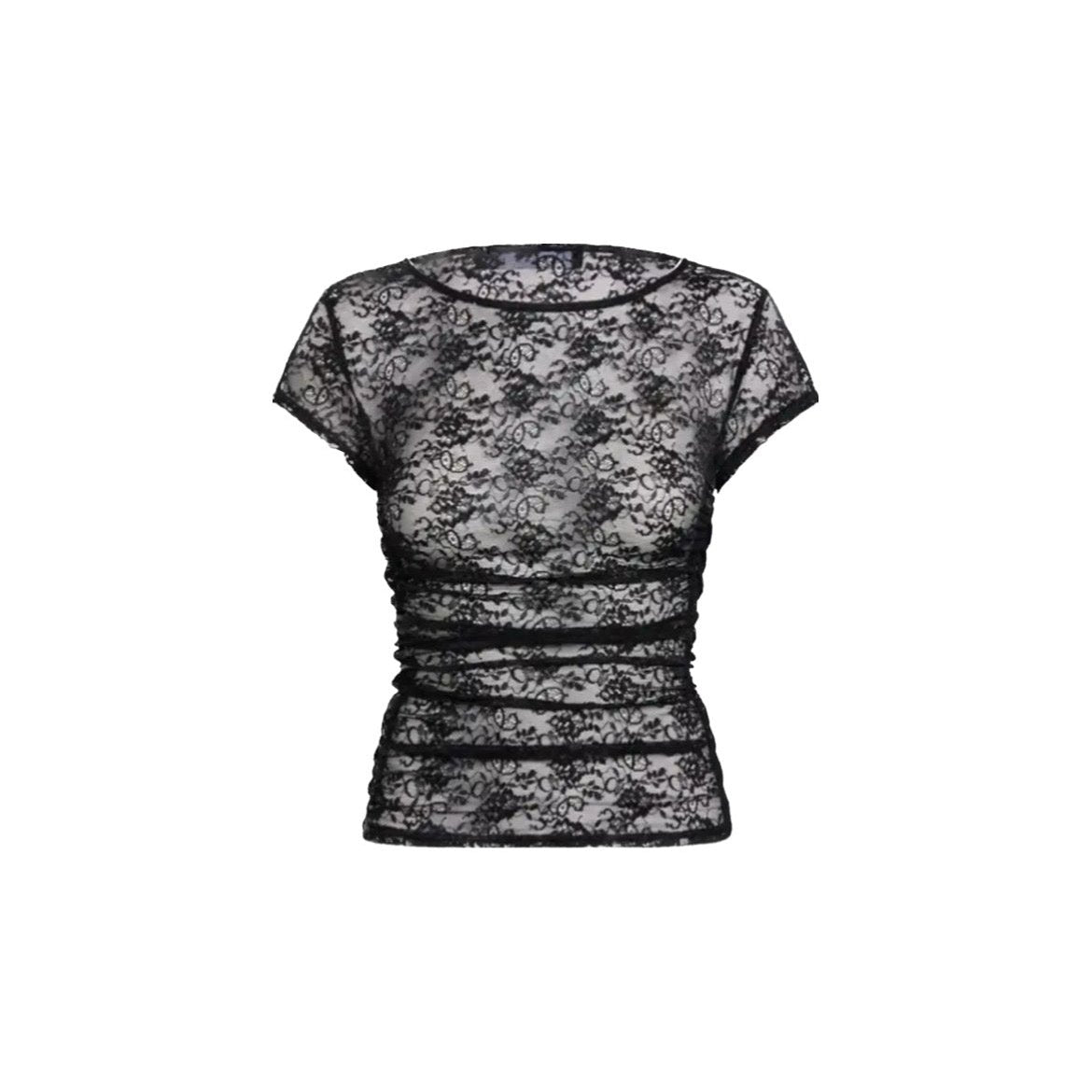 TEE-SHIRT MANCHES COURTES EN DENTELLE - NOIR