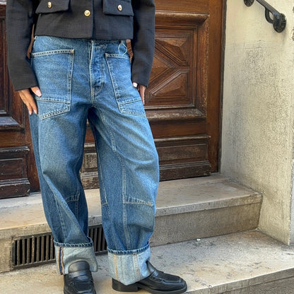 JEAN BAGGY À POCHES ET COUTURES - BLEU FONCÉ